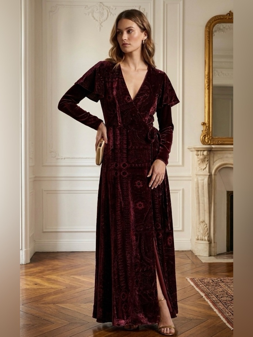 Polo Ralph Lauren Silk Blend Burnout Velvet Wrap Maxi Dress